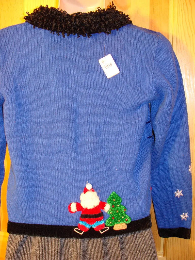 Tacky Ugly Christmas Sweater Awesome Blue Winter Wonderland with Festive Santas (f446)