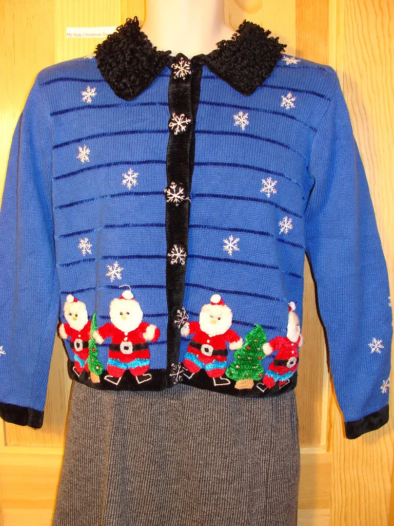 Tacky Ugly Christmas Sweater Awesome Blue Winter Wonderland with Festive Santas (f446)