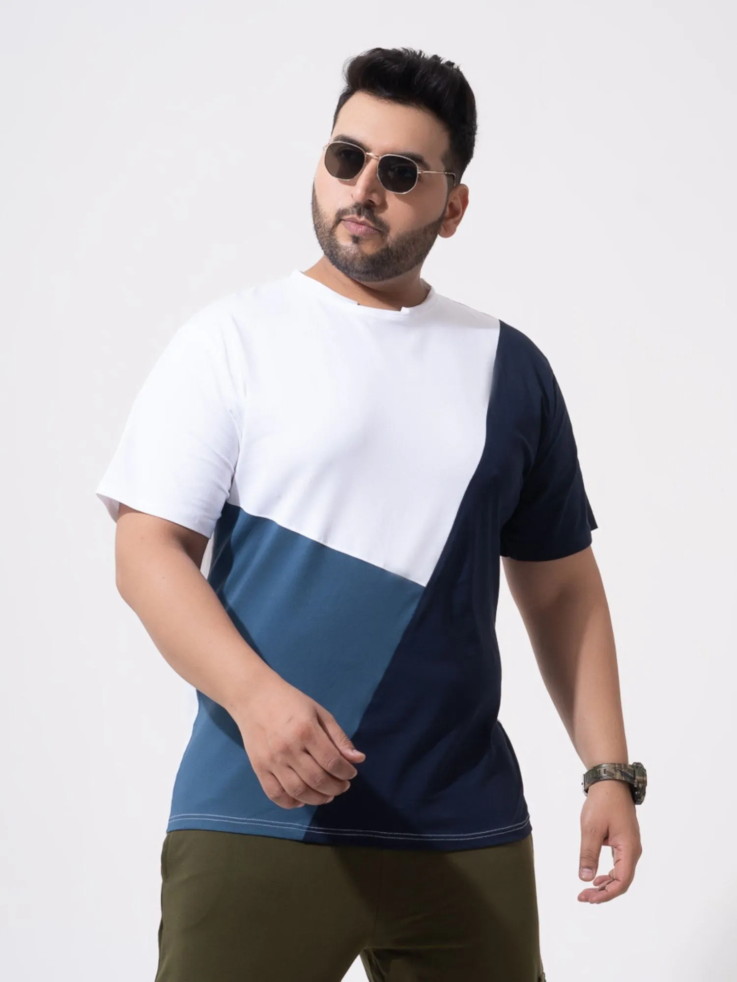 White Navy Airforce Colourblock Plus Size T-shirt