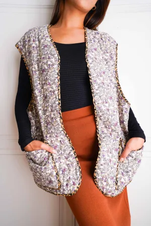 Winter Whimsy Reversible Animal/Floral Print Oversized Vest - Lilac/Multi