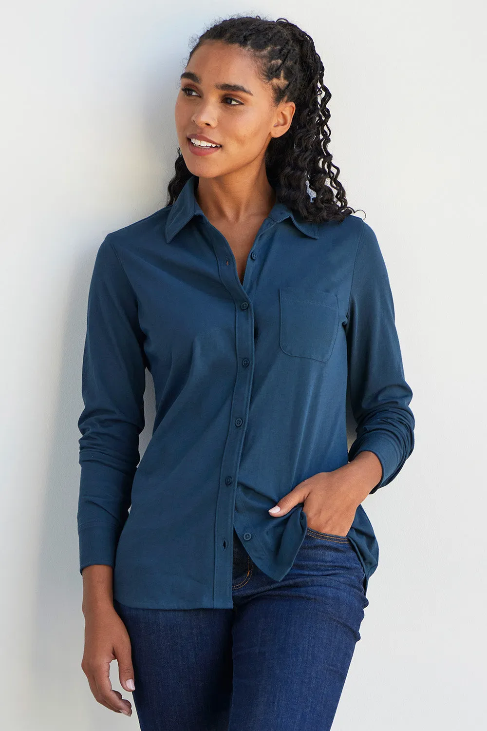 Women's 100% Organic Cotton Knit Button Down Shirt